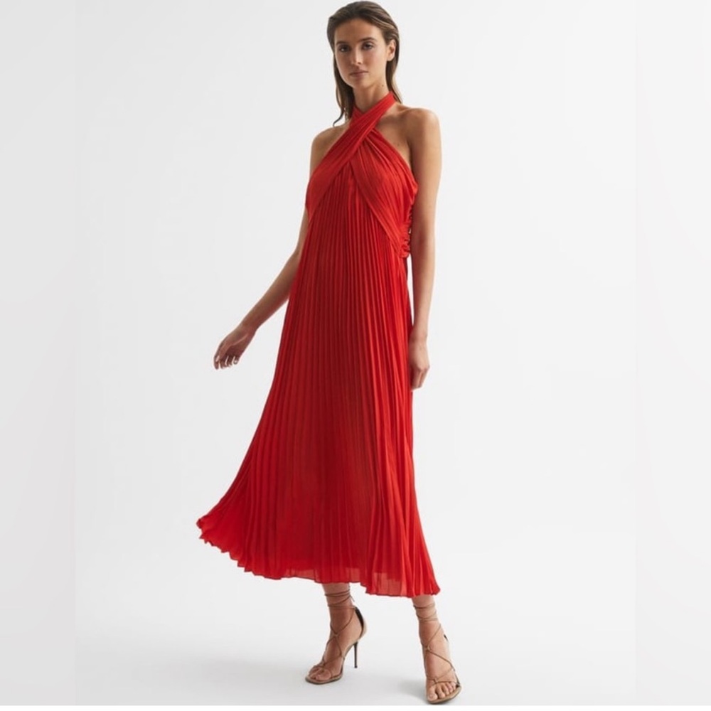 Reiss Pleated Halter Midi Dress Red